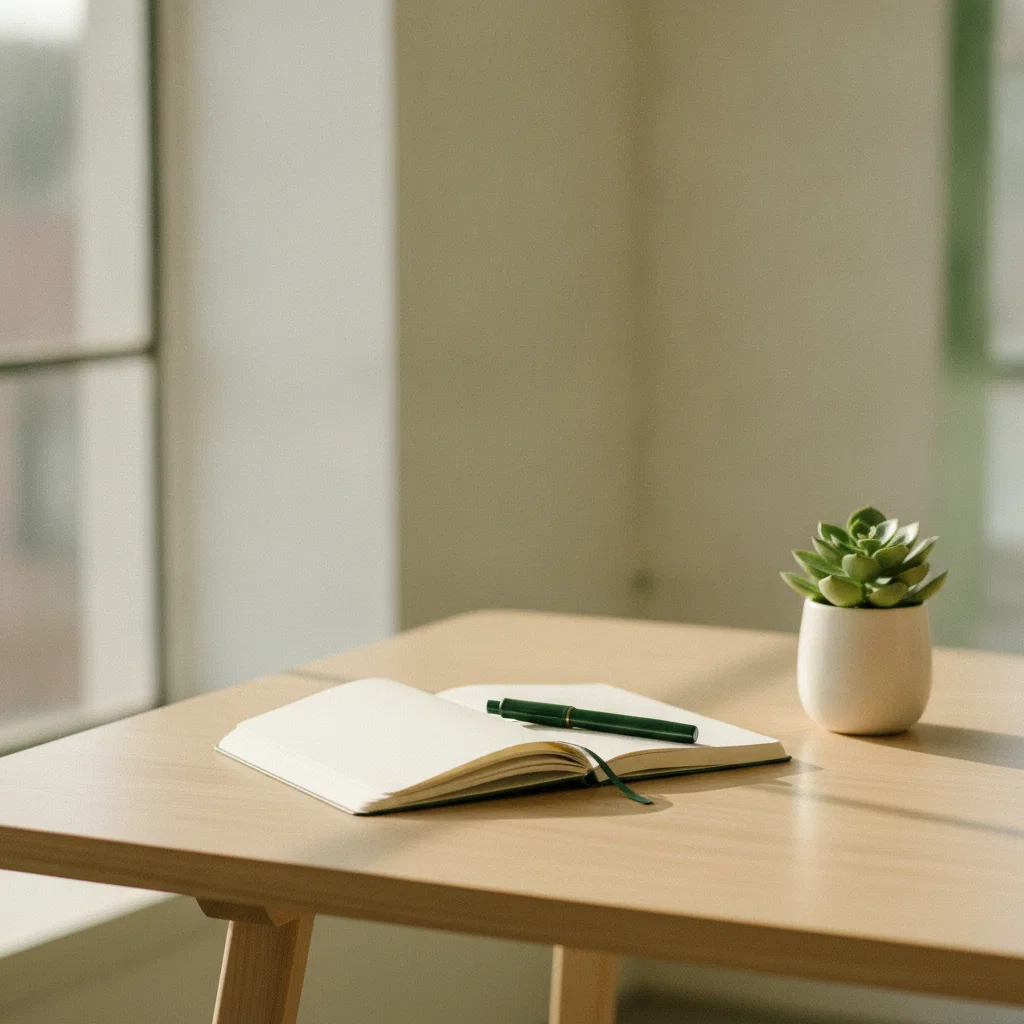 A clean, organised workspace with a notebook, pen and a small potted plant on a light timber desk