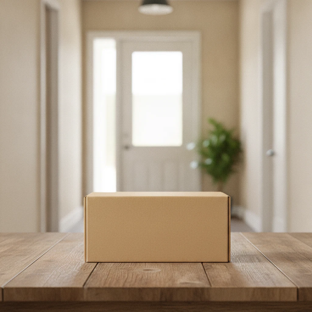 A neatly wrapped plain kraft parcel placed on a wooden table near a bright hallway entrance