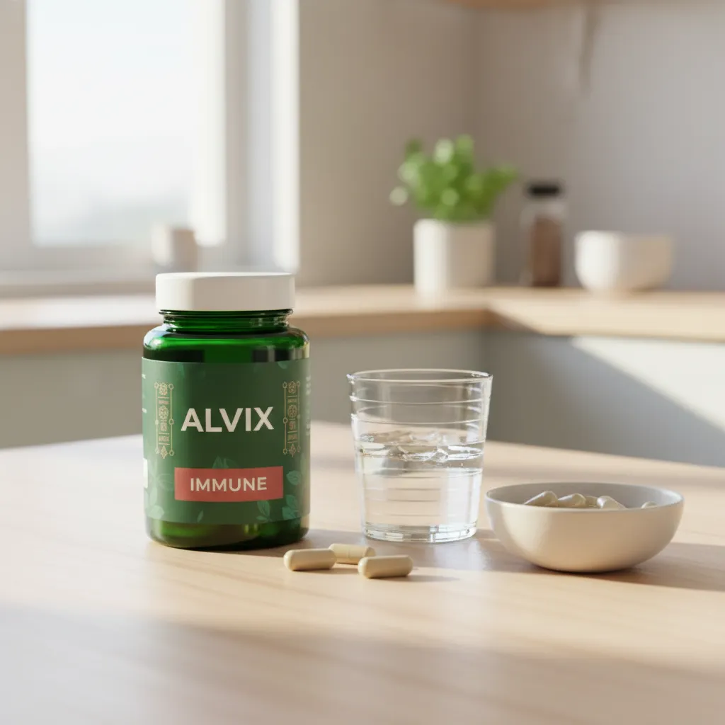 Alvix supplement jar next to a glass of water on a bright morning kitchen table